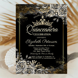 Elegant Black Ro Gothic Quinceañera Inbjudningar