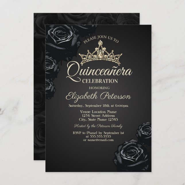 Elegant Black Ro gotiic Quinceañera-inbjudan Inbjudningar (Fram/baksida)