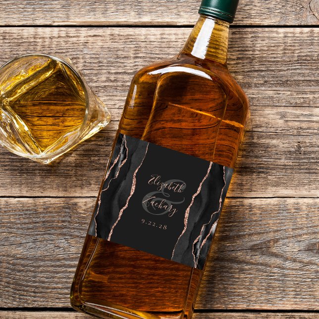 Elegant Black Ro Guld Agate Mörk Bröllop Spritflaskor Etikett (Skapare uppladdad)