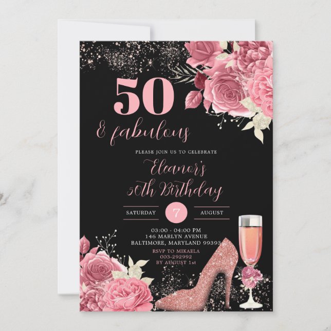 Elegant Black Ro Guld Champagne Vuxen Birthday Inbjudningar (Framsida)