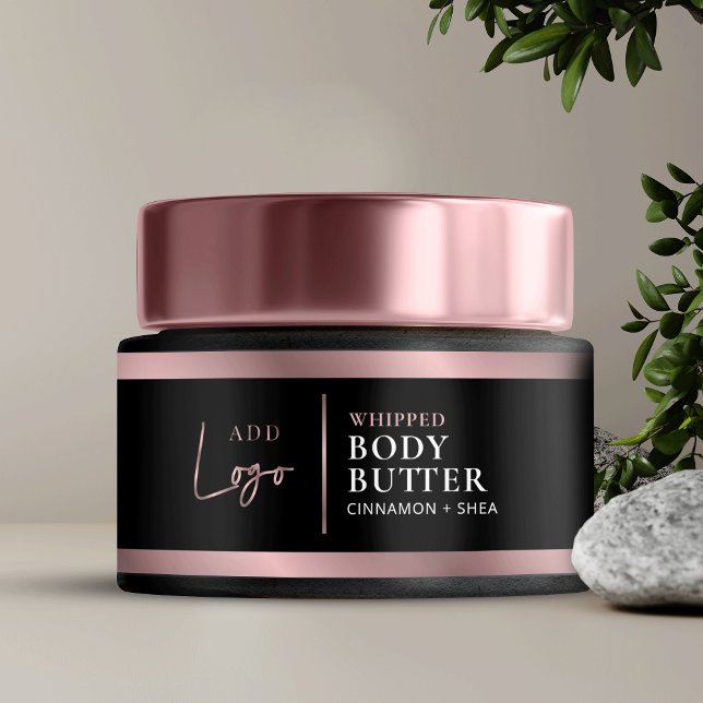 Elegant Black & Ro Guld Logotyp Cosmetic Burk-etik Vattenflaska Etikett (Black and faux rose gold skincare jar packaging labels with space for your logo & product details)