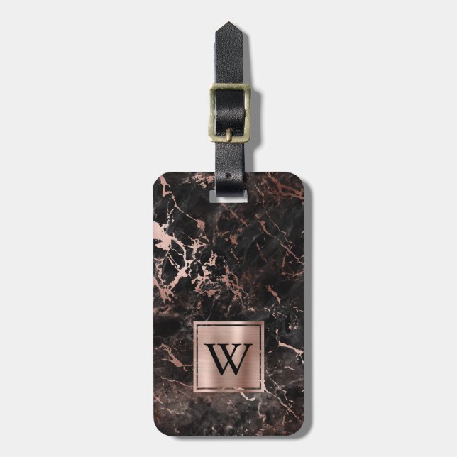 Elegant Black Ro Guld Marble Monogram Lodrät Bagagebricka (Vertikal Framsida)