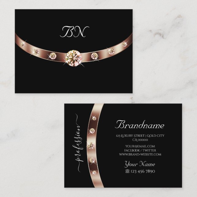 Elegant Black Ro Guld med Monogram och diamanter Visitkort (Fram/baksida)