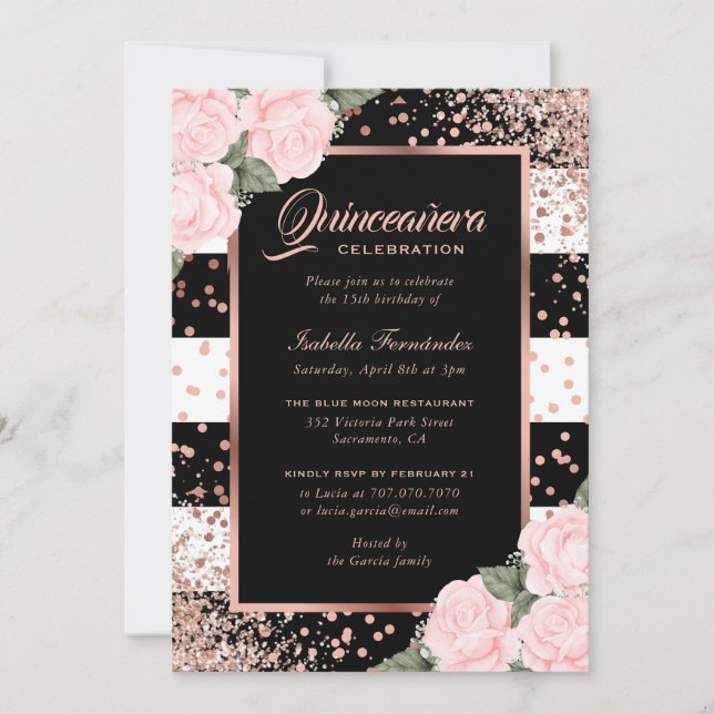 Elegant Black Ro Guld Rosa Blommigt Quinceañera Inbjudningar (Framsida)