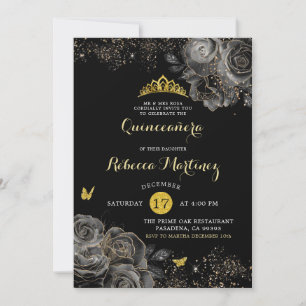 Elegant Black ro & Guld Royal Krona Mis Quince Inbjudningar