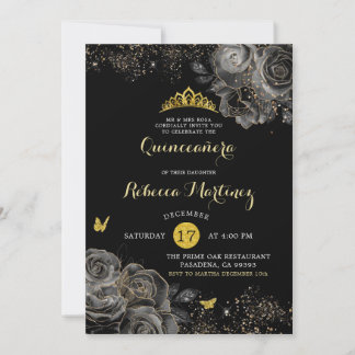 Elegant Black ro & Guld Royal Krona Mis Quince Inbjudningar
