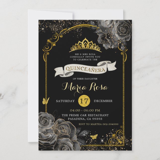 Elegant Black Ro Guld Royal Krona Quinceañera Inbjudningar (Framsida)