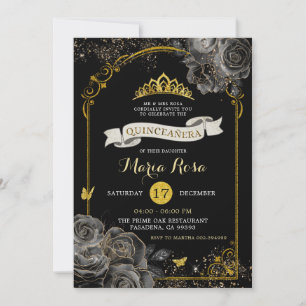 Elegant Black Ro Guld Royal Krona Quinceañera Inbjudningar