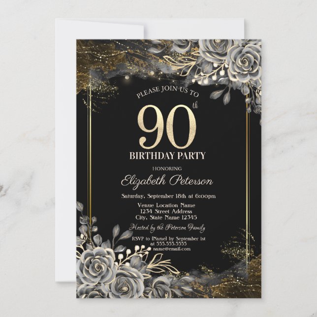 Elegant Black Ro, Ljus Black 90:e Birthday Inbjudningar (Framsida)