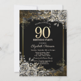 Elegant Black Ro, Ljus Black 90:e Birthday Inbjudningar
