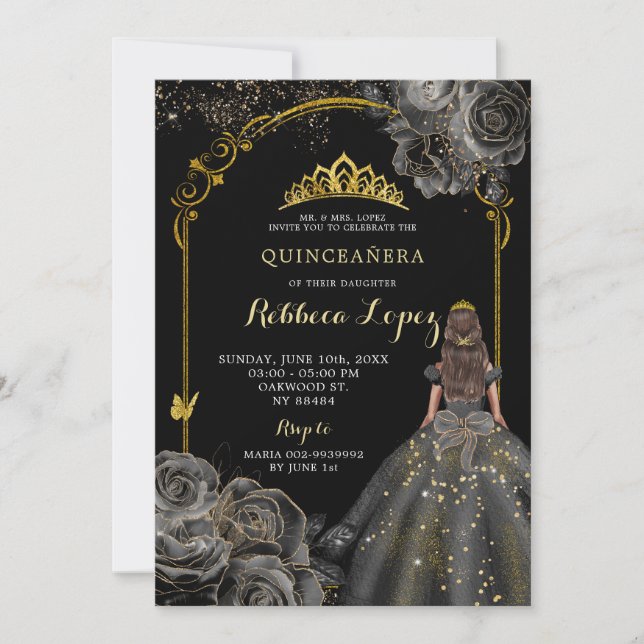 Elegant Black Ro och Guld Princess Quinceañera Inbjudningar (Framsida)