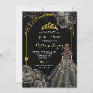 Elegant Black Ro och Guld Princess Quinceañera Inbjudningar