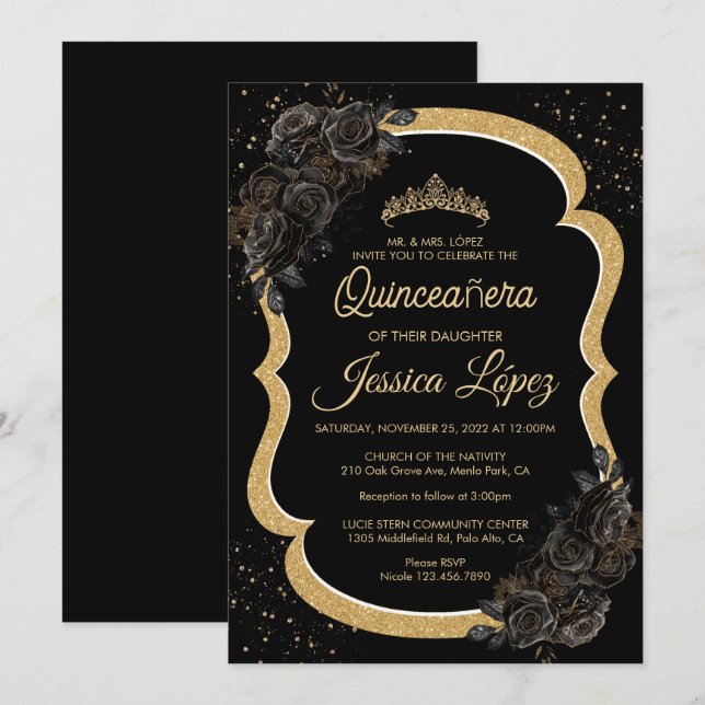 Elegant Black Ro och Guld Quinceanera Inbjudningar (Fram/baksida)
