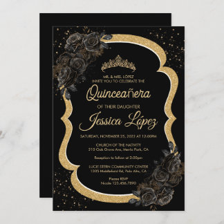 Elegant Black Ro och Guld Quinceanera Inbjudningar
