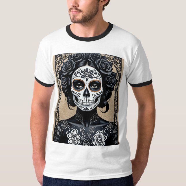 Elegant Black Ro Sugar Skull Shirt T Shirt (Framsida)