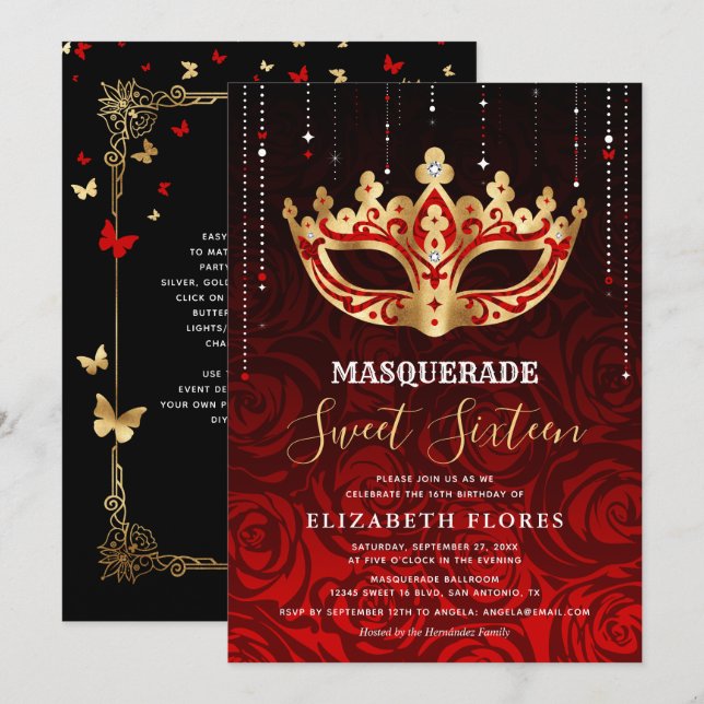 Elegant Black Röd ros Guld Masquerad Sweet 16 Inbjudningar (Fram/baksida)