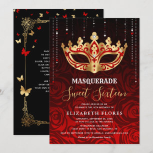 Elegant Black Röd ros Guld Masquerad Sweet 16 Inbjudningar