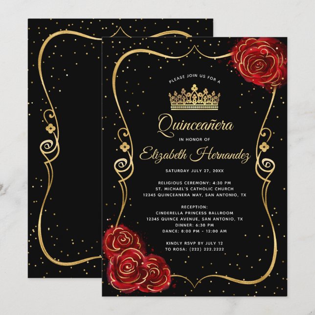 Elegant Black Röd ros och Guld Quinceanera Inbjudningar (Fram/baksida)