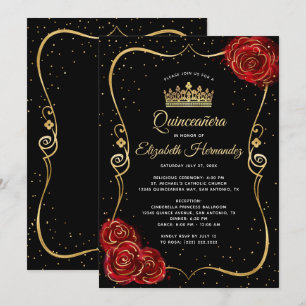 Elegant Black Röd ros och Guld Quinceanera Inbjudningar