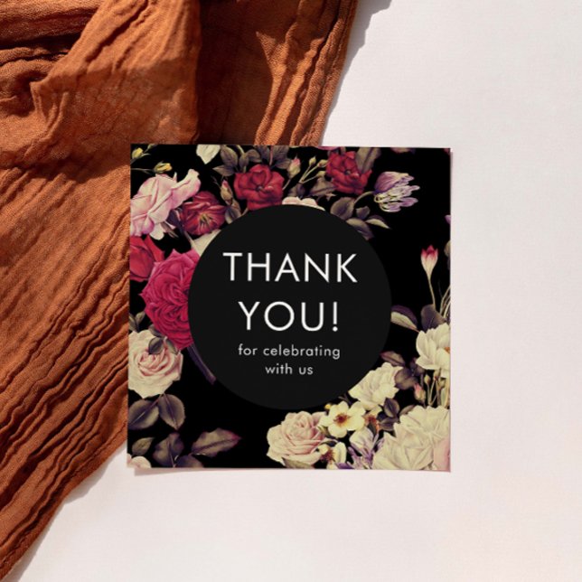 Elegant Black Romantic Blommigt Bröllop Tack Kort (This elegant floral thank you card is a beautiful way to thank wedding guests.)