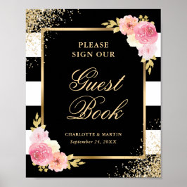 Elegant Black Rosa Blommigt Bröllop Guest Bok-teck Poster