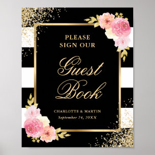 Elegant Black Rosa Blommigt Bröllop Guest Bok-teck Poster