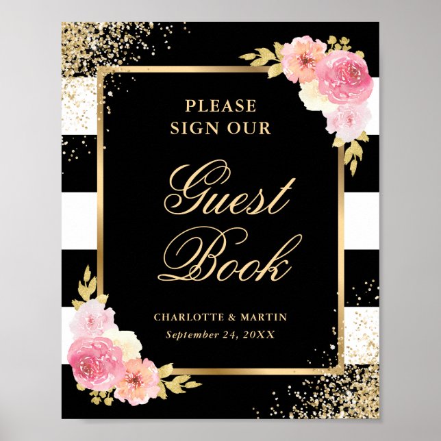Elegant Black Rosa Blommigt Bröllop Guest Bok-teck Poster (Framsidan)