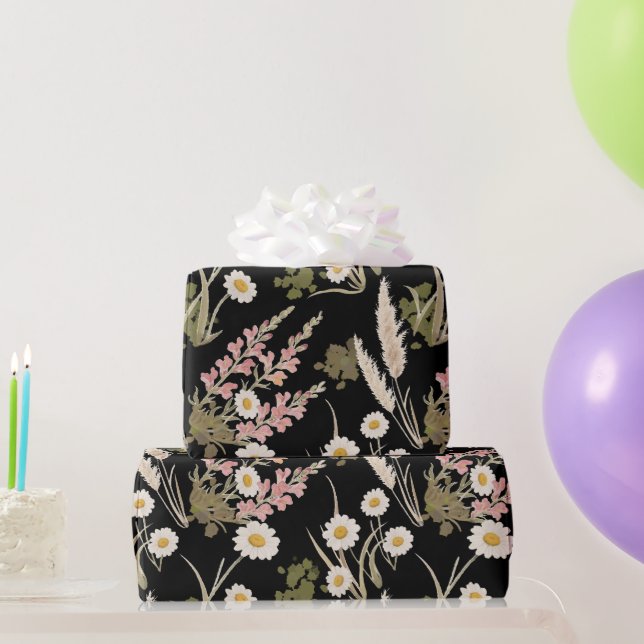 Elegant Black Rosa Daisy Pampas Grass Snapdragon Presentpapper (Festgåvor)