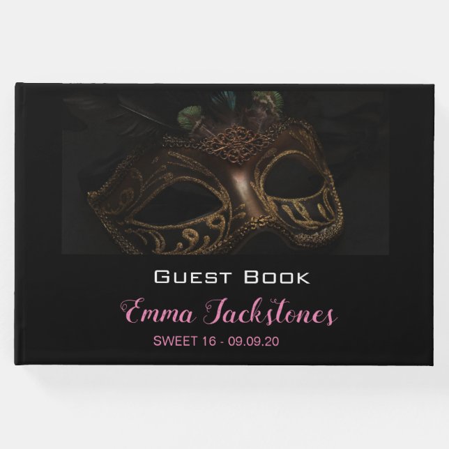 Elegant Black & Rosa Mask Masquerad Sweet 16 Gästböcker (Framsida)