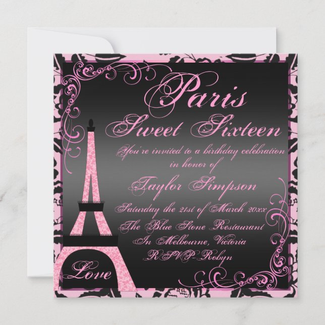 Elegant Black & Rosa Paris Sweet16 Birthday Inbjud Inbjudningar (Framsida)