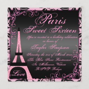Elegant Black & Rosa Paris Sweet16 Birthday Inbjud Inbjudningar