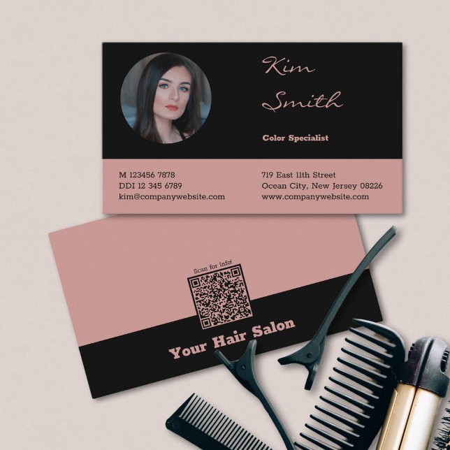 Elegant Black & Rosa QR-kodhårslista Visitkort (Elegant Black & Pink QR Code Hair Stylist Business Card)