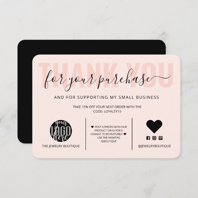 Elegant Black Rosa Script Logotyp Customer Tack (Fram/baksida)