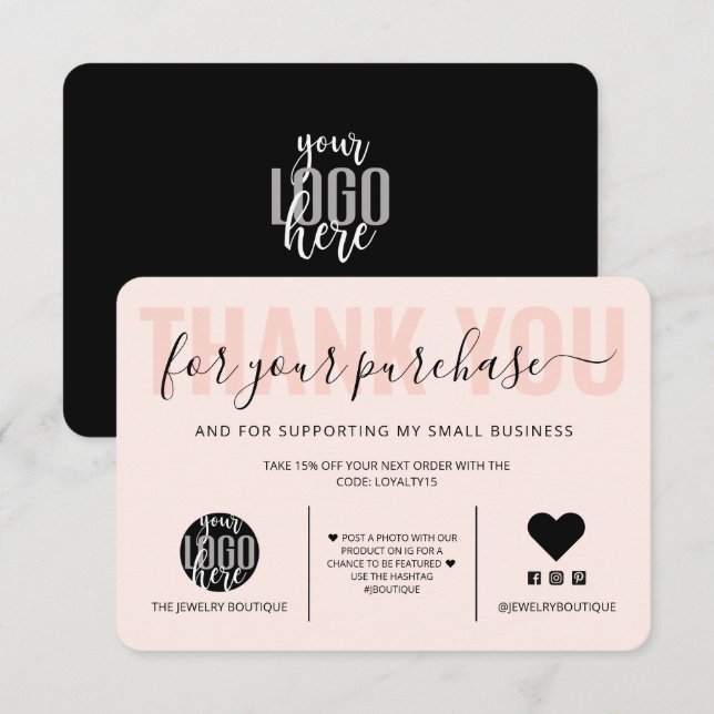 Elegant Black Rosa Script Logotyp Customer Tack Kort (Fram/baksida)