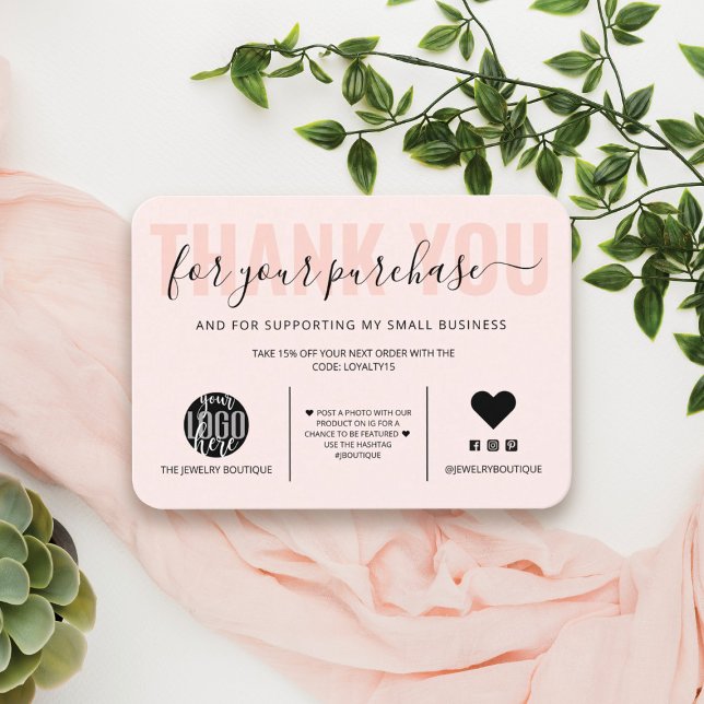 Elegant Black Rosa Script Logotyp Customer Tack Visitkort (Skapare uppladdad)