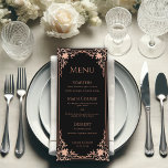 Elegant Black Rosa Vintage Antique Ornate Bröllop Meny<br><div class="desc">En elegant-meny med vintagen luft, som rekommenderas för ett bröllop med rosa och svart bröllop färg. Menyn har en vintage rosa (faux ro guld) ram. Rubriken "Meny" och undertexterna skrivs med versaler. All text kan vara personlig och ha en rosa färg som liknar ram. Bakgrunden är svart. På baksidan finns...</div>