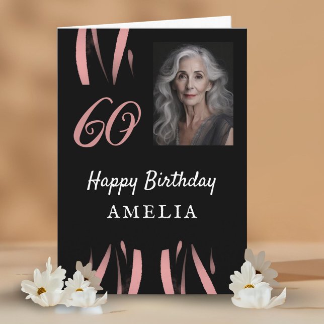 Elegant Black Rosa Watercolor 60:e födelsedagsfoto Kort (Skapare uppladdad)