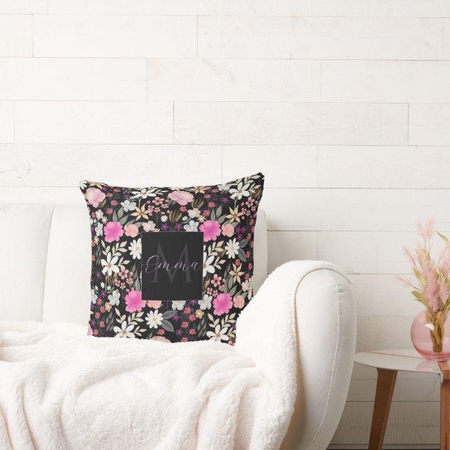 Elegant Black Rosa Wildblommor Boho Blommigt Paint Kudde (Soffa)