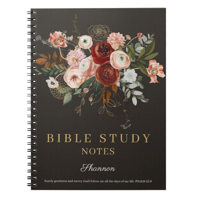 Elegant Black Rose Gold Floral Custom Bible Study Anteckningsbok (Framsidan)