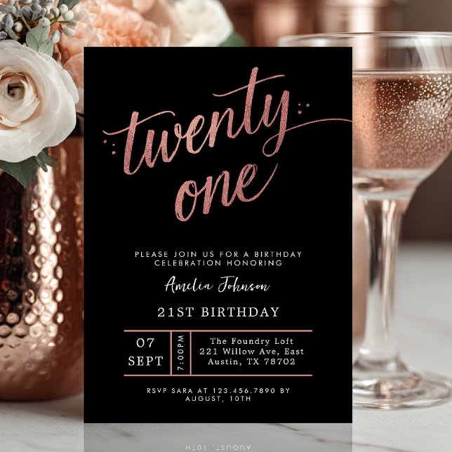 Elegant Black & Rose Gold Script 21st Birthday Inbjudningar (rose gold twenty one birthday invite)