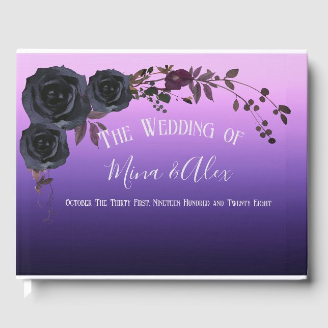 Elegant Black Rose Purple Photo Wedding Gästböcker (Framsida)
