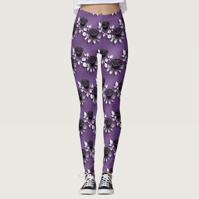 Elegant Black Roses With Silver Leaves Leggings (Framsida)
