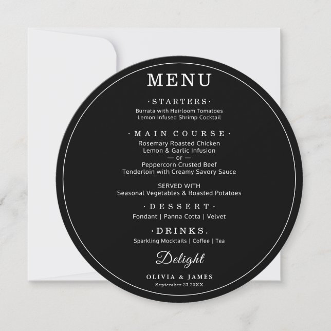 Elegant Black Round Wedding Simple Modern Menu  (Framsida)