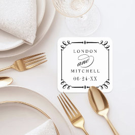 Elegant Black Rulla Ram Personligt bröllp Monogram Underlägg Papper Kvadrat