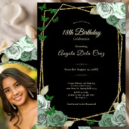 Elegant Black Sage Green Rose 18th Birthday Debut  Inbjudningar