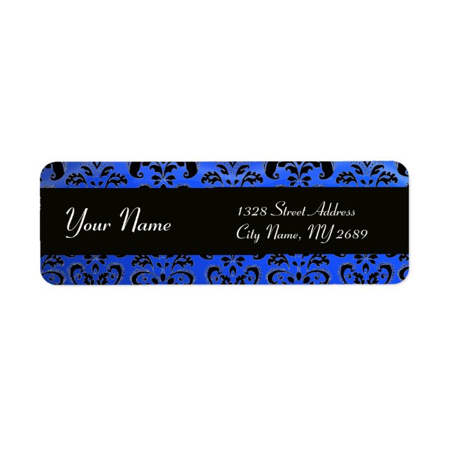 ELEGANT BLACK SAPPHIRE BLUE DAMASK RETURADRESS ETIKETT (Framsidan)