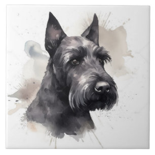 Elegant Black Scottish Terrier Watercolor Porträtt Kakelplatta