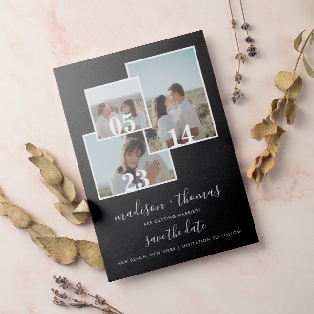 Elegant Black Script 3 Photo Bröllop spara datum Magnetisk Inbjudningskort (Skapare uppladdad)