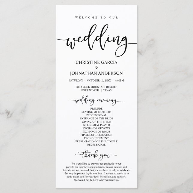Elegant Black Script, Bröllop Ceremony Program (Framsida)