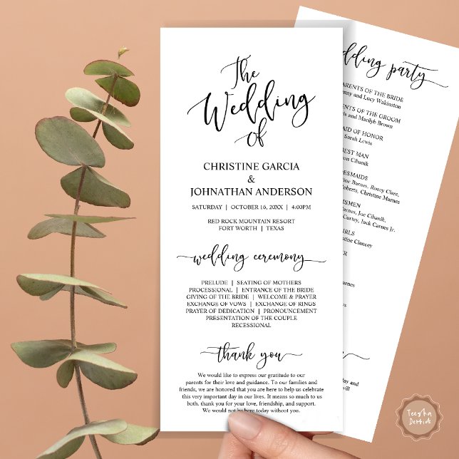 Elegant Black Script, Bröllop Ceremony Program (Wedding Program Ceremony Card, Modern Romantic Script, Black and White)
